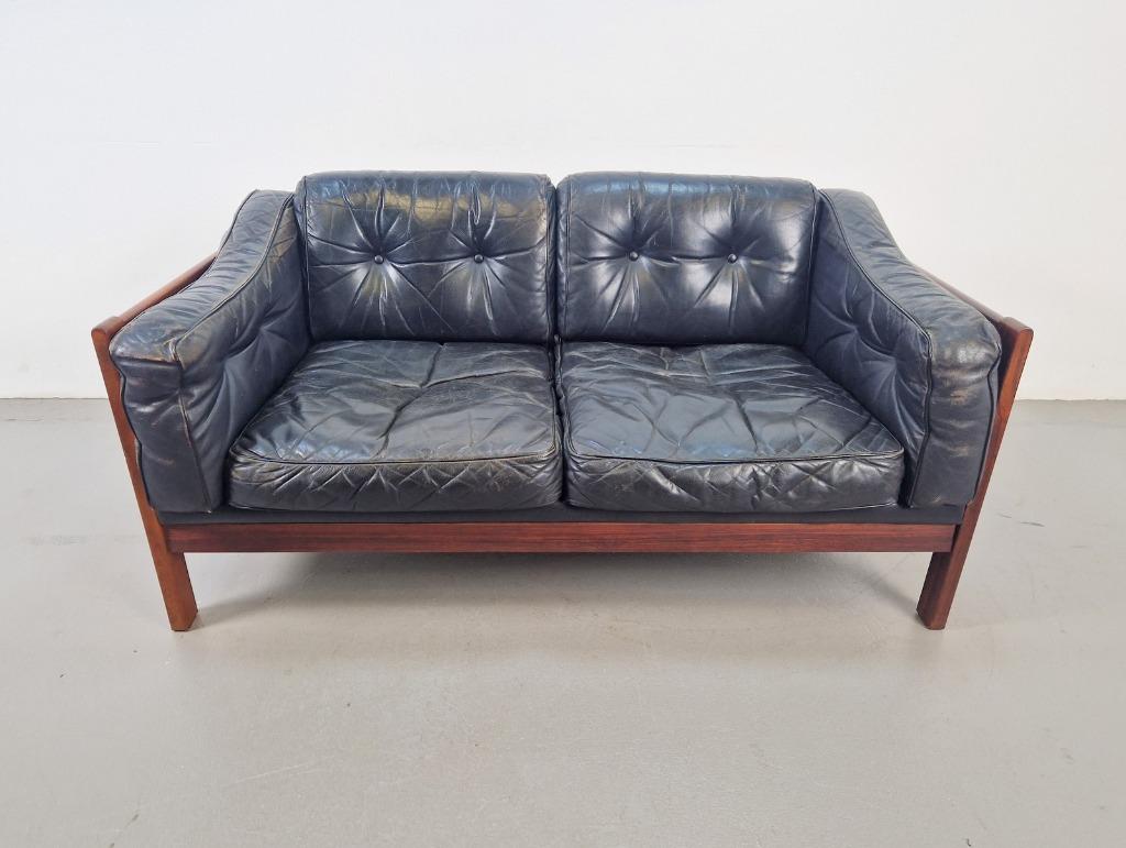 Vintage Ingvar Stockum palissander bank leer '60 rare Zweden, Huis en Inrichting, Banken | Bankstellen, Ophalen, Vintage mid century