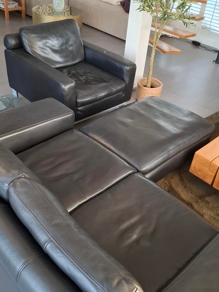 Zwart leer bankstel, Huis en Inrichting, Ophalen of Verzenden, Zo goed als nieuw, Leer