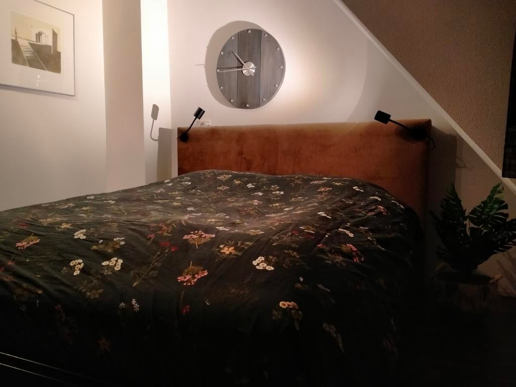 Velours hoofdbord bed, Huis en Inrichting, Ophalen, Bruin, Tweepersoons, Zo goed als nieuw