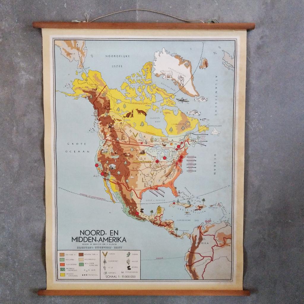 Wandkaart Noord- en Midden-Amerika, Bakker en Rusch 1952, Antiek en Kunst, Ophalen of Verzenden, Aardrijkskunde