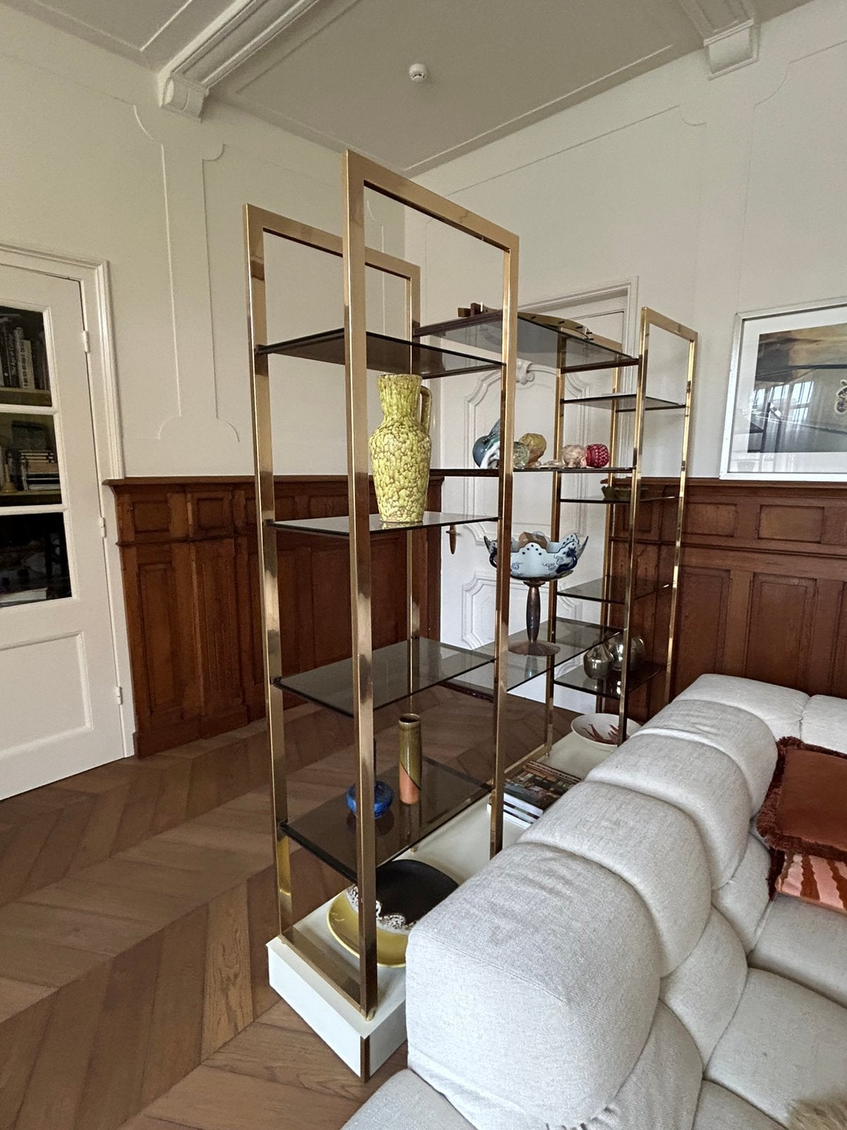 Vintage roomdivider messing, rookglas (Maison Jansen), Ophalen, Met plank(en), Gebruikt, 200 cm of meer