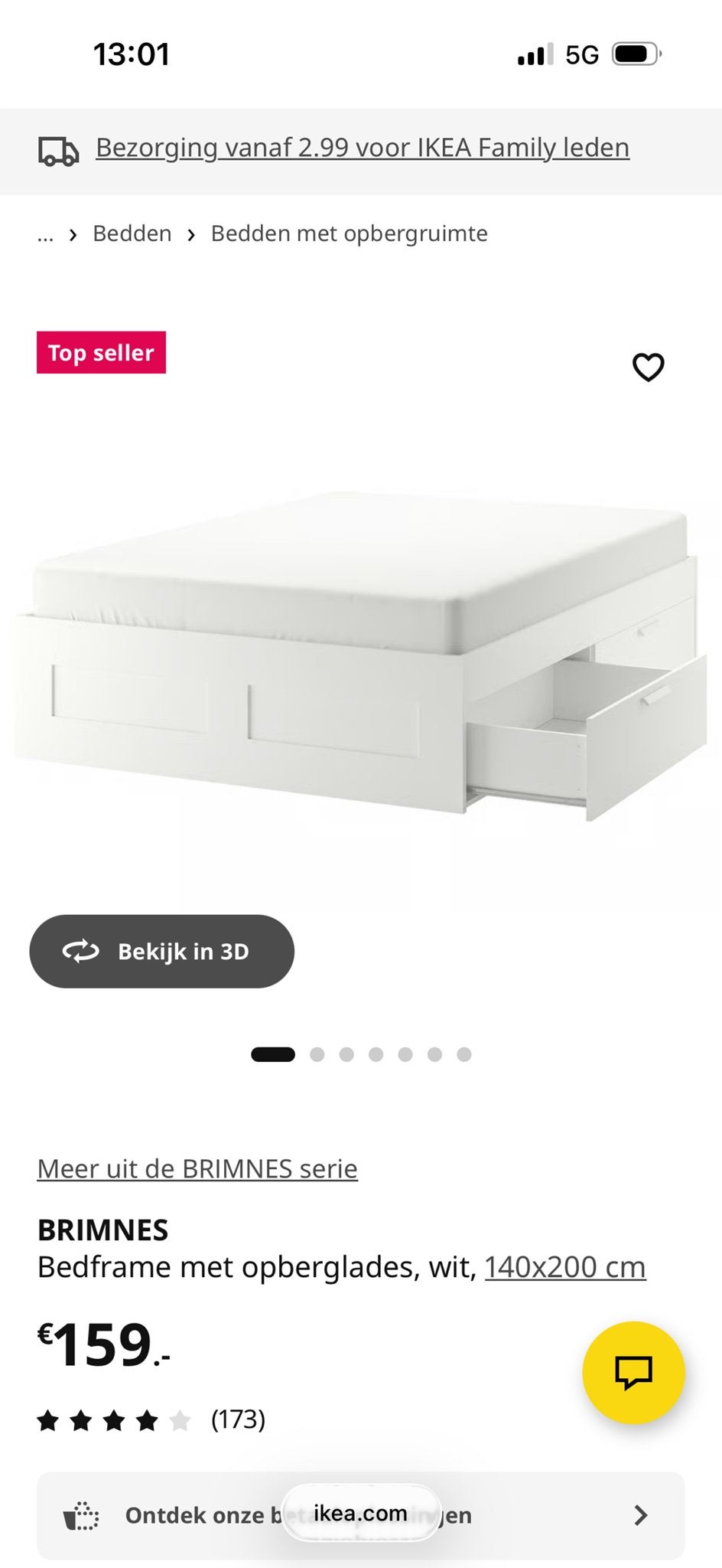 IKEA BRIMNES Bedframe met opberglades, wit, 140x200 cm, Huis en Inrichting, Ophalen, Gebruikt, Wit, Tweepersoons