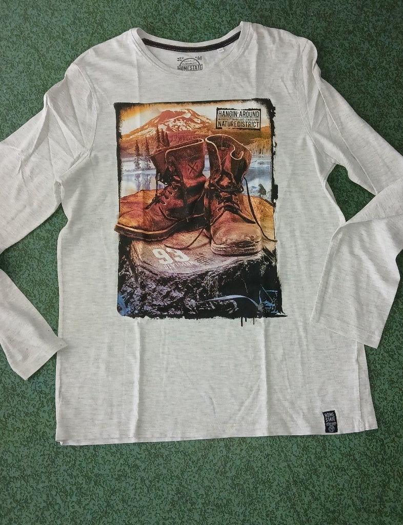 long sleeve T-shirt lange mouw mt L grijs met laarzen opdruk, Ophalen of Verzenden, Zo goed als nieuw, Grijs
