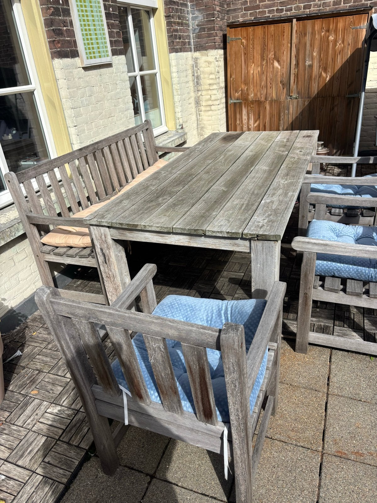 Gratis tuinset – tafel, bank en stoelen, 4 zitplaatsen, Gebruikt, Ophalen of Verzenden, Hout