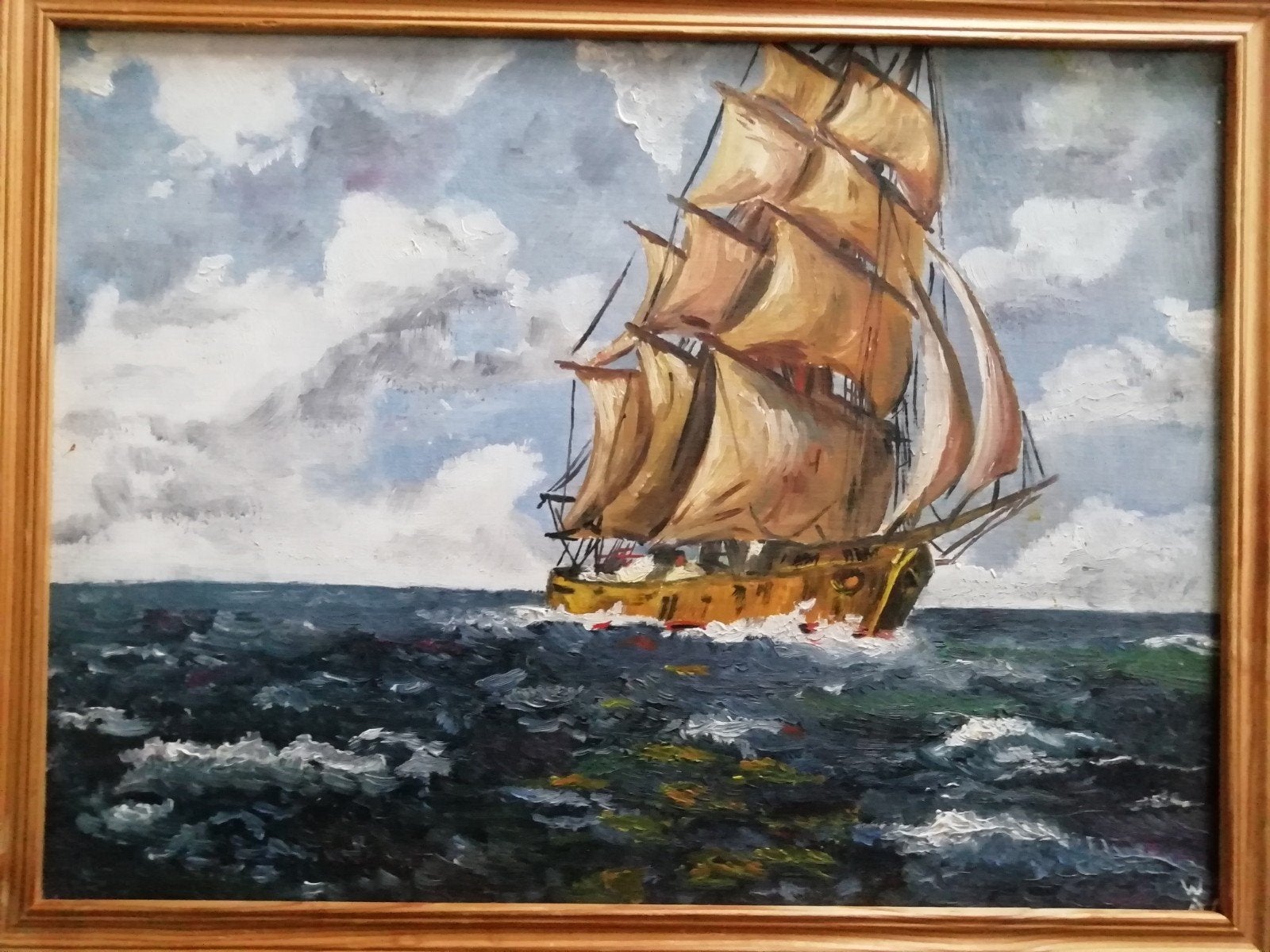 Oud schilderij: Zeilschip op woelige zee, gesigneerd WM, Antiek en Kunst, Kunst | Schilderijen | Klassiek, Ophalen of Verzenden
