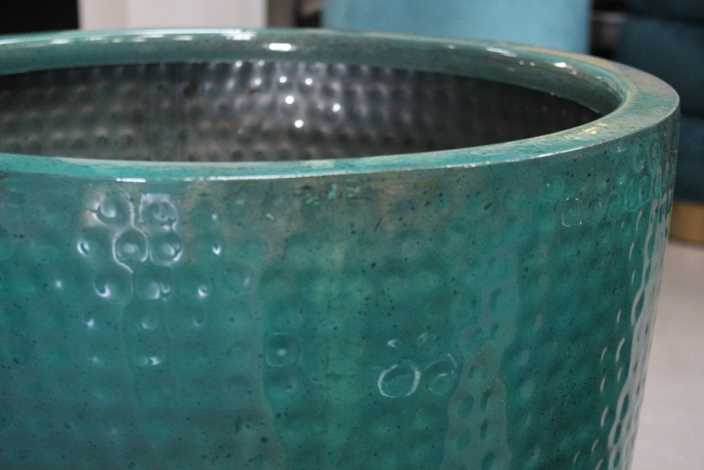 Hippe metalen bloempotten gehamerd turquoise 3 maten, 25 tot 40 cm, Rond, Ophalen of Verzenden, Minder dan 40 cm