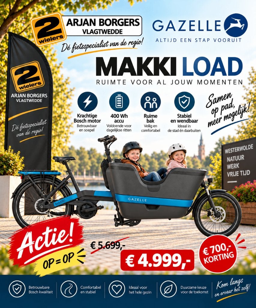 Makki Load Bakfiets voor het hele gezin, Ophalen of Verzenden, 2 kinderen, Schijfrem, Gazelle
