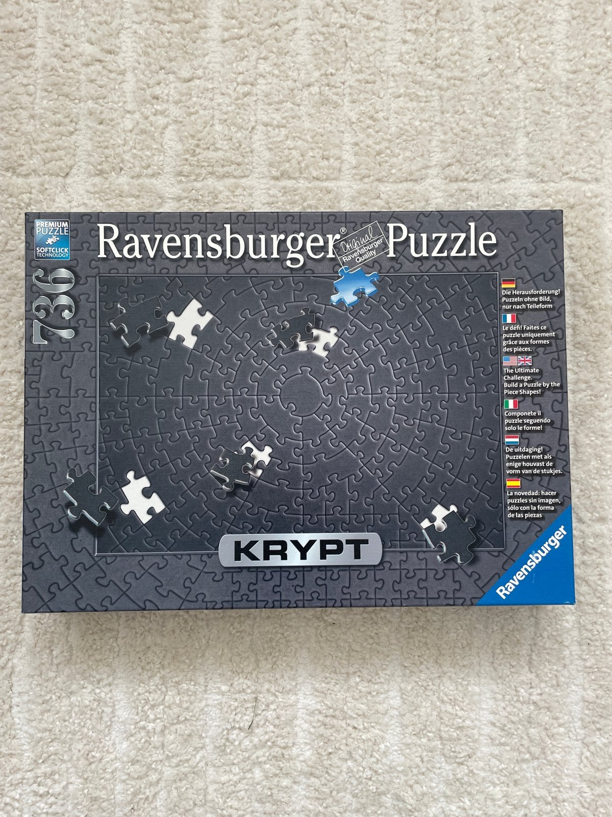 Ravensburger Krypt Zwarte Puzzel 736 Stukjes, Ophalen of Verzenden, 500 t/m 1500 stukjes, Zo goed als nieuw, Legpuzzel