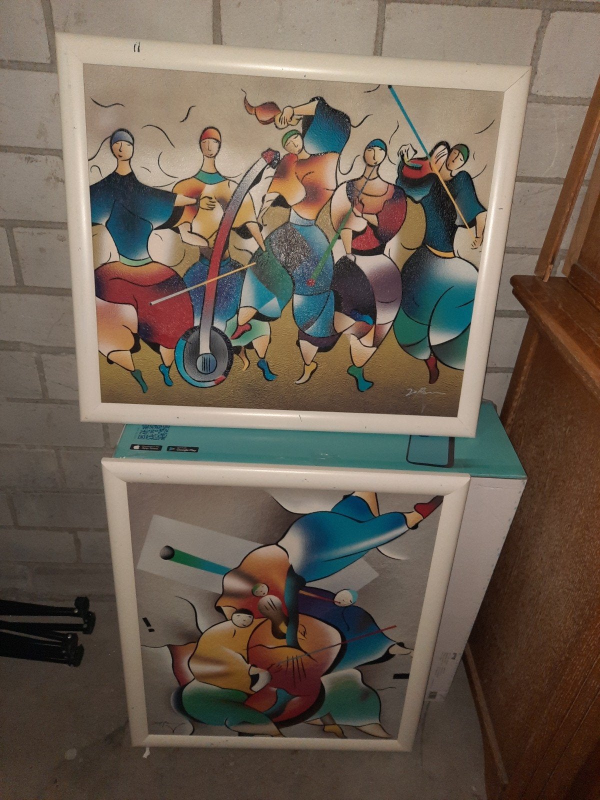 Set van 2 moderne schilderijen met abstracte figuren, Ophalen, Figuren, Giclée, Ingelijst