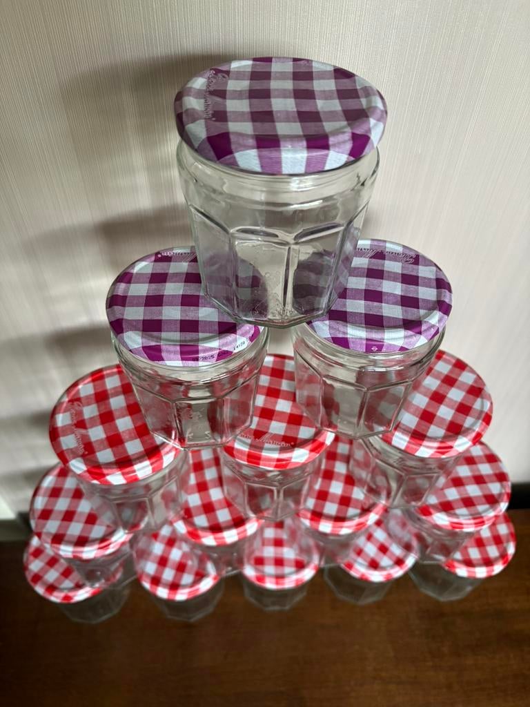 BONNE MAMAN JAMPOT 15x INMAAK GLASPOTTEN  13 rood 3 paars, Ophalen, Nieuw, Overige merken, Glas