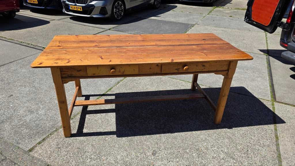 Antieke Franse grenen boeren eettafel met 2 lades, Antiek en Kunst, Ophalen
