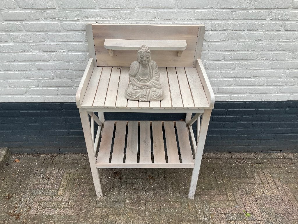 Houten oppot tafel met Boeddha beeld, Tuin en Terras, Kweekspullen, Ophalen, Gebruikt, Kweektafel