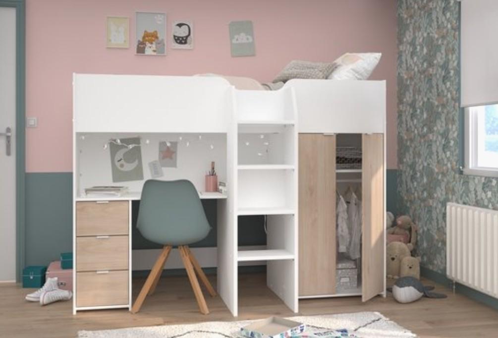 Halfhoogslaper met bureau, lades en kledingkast, Ophalen, Gebruikt, 90 cm, Eenpersoons
