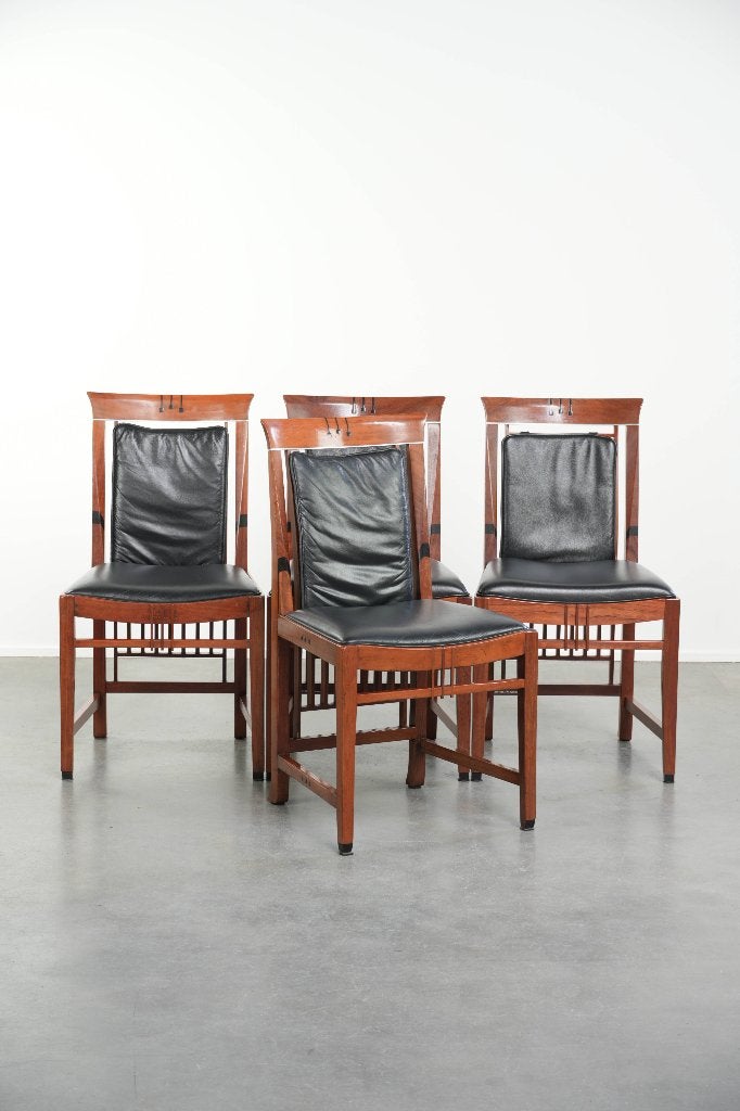 Set van vier zwarte leren Schuitema Art Deco eetkamerstoelen, Huis en Inrichting, Stoelen, Gebruikt, Vier, Leer, Zwart, Ophalen