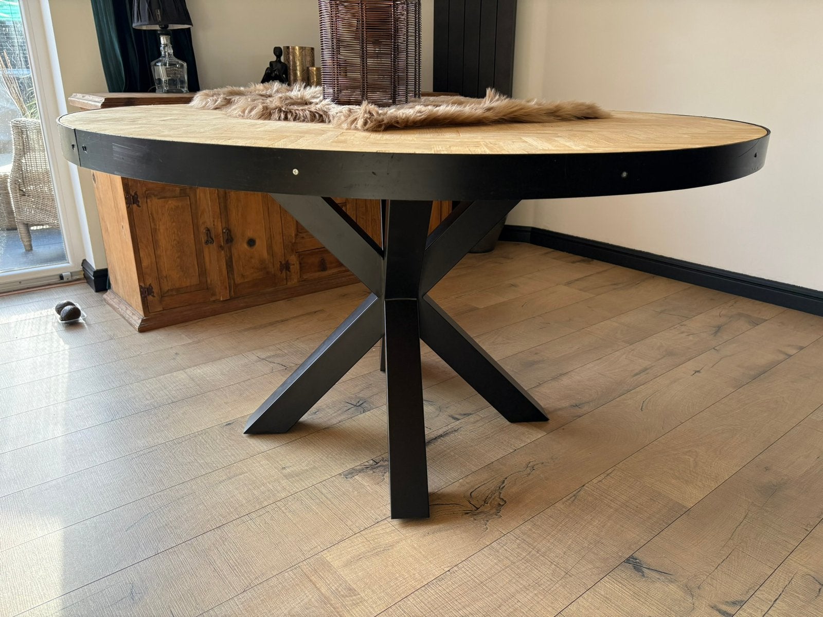 Moderne Eiken tafel met spinpoot, Ophalen of Verzenden, Rechthoekig, 200 cm of meer, 50 tot 100 cm