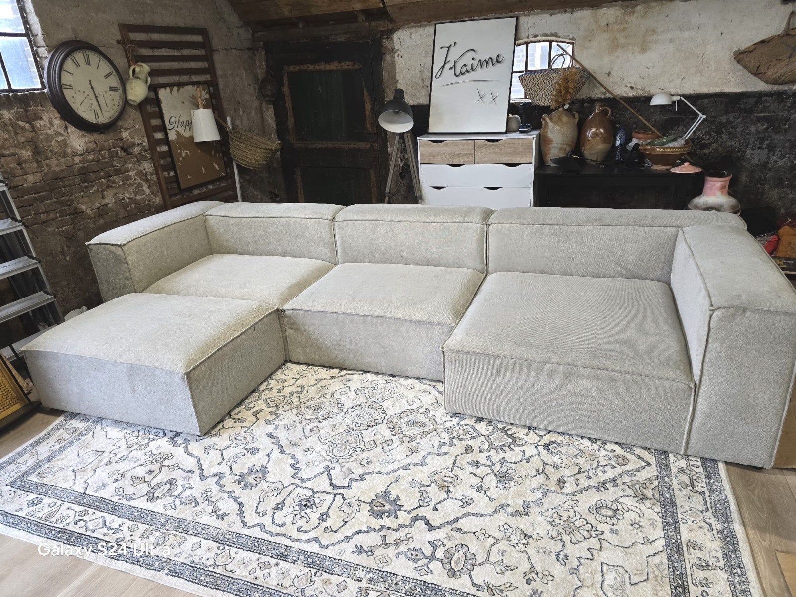 BEIGE ELEMENTEN HOEKBANK MET HOCKER, Huis en Inrichting, Banken | Bankstellen, Ophalen, Zo goed als nieuw, Vierpersoons of meer
