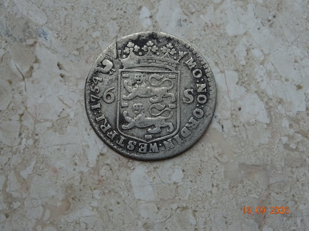 Zilveren Scheepjesschelling West-Friesland 1754(3), Postzegels en Munten, Vóór koninkrijk, Zilver, Losse munt, Overige waardes