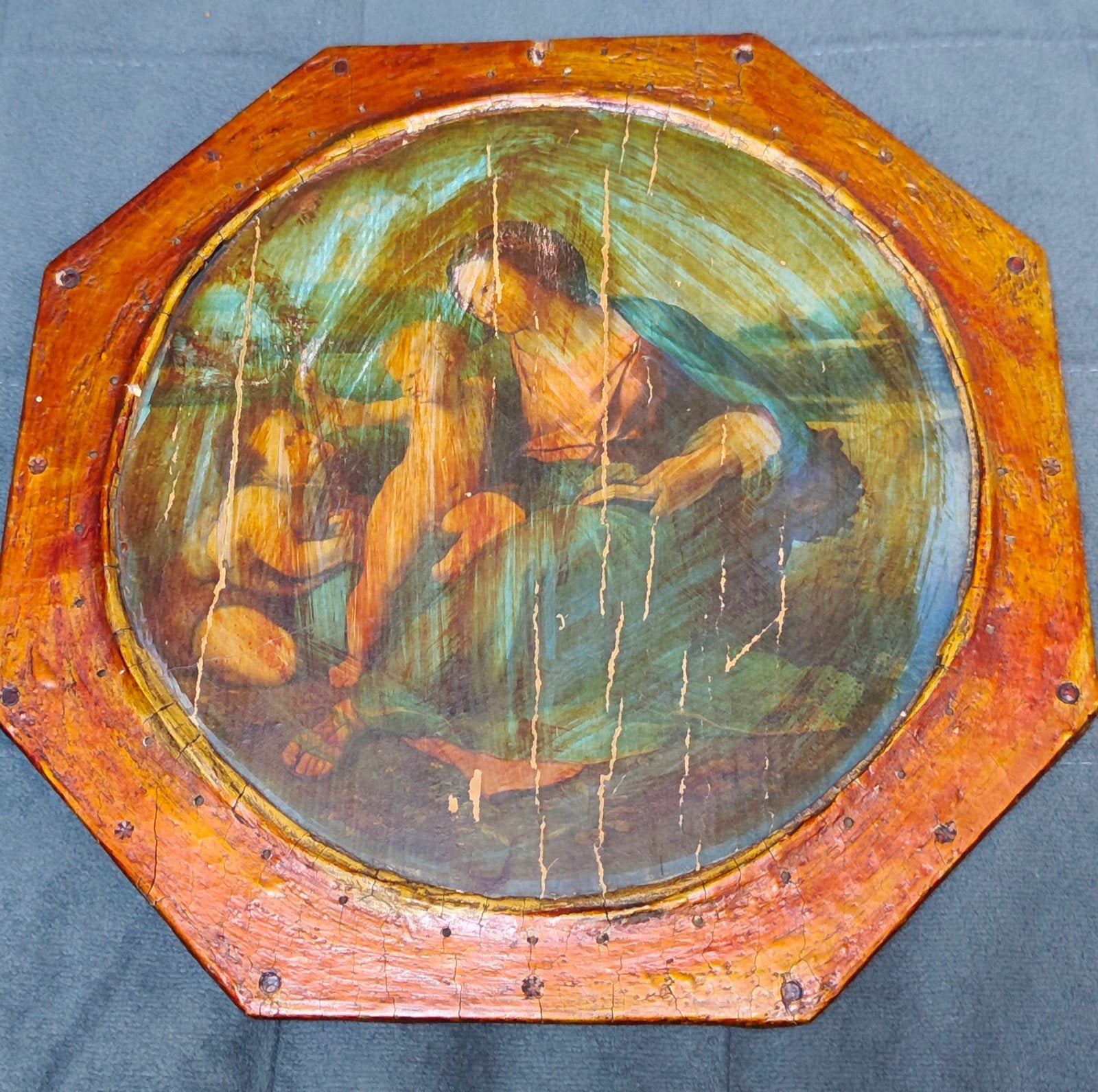 Antiek achthoekige hout plaquette - Alba Madonna van Rafaël, Antiek en Kunst, Ophalen of Verzenden