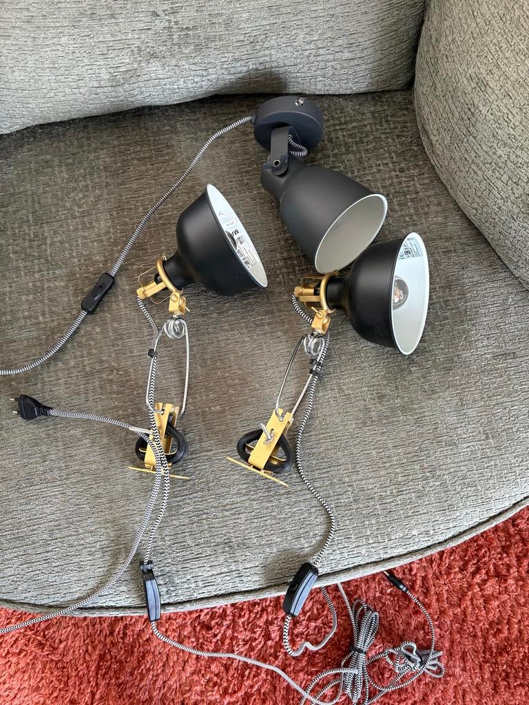Set van 2 zwarte klemlampen met stoffen snoer, Huis en Inrichting, Ophalen, Zo goed als nieuw, Metaal of Aluminium