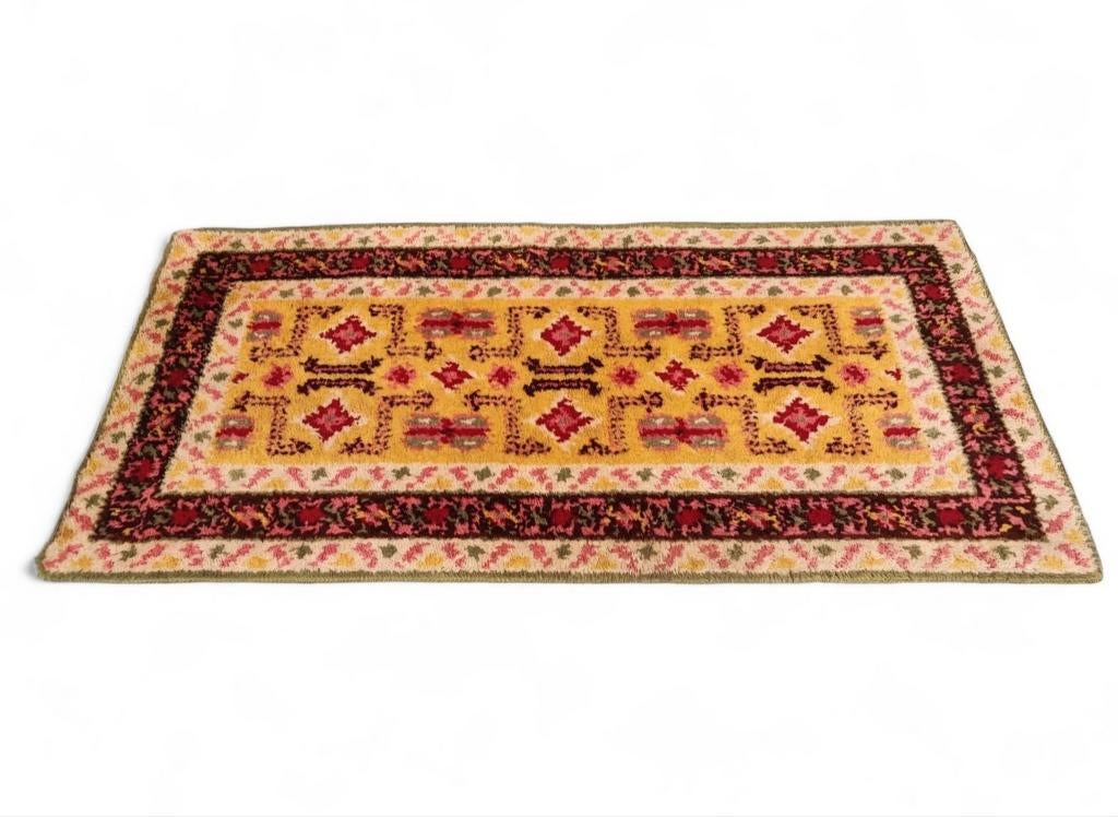 Vintage Handgeknoopt wol Smyrna tapijt floral 92x183cm, Huis en Inrichting, Stoffering | Tapijten en Kleden, Crème, Onbekend, Vintage, Bohemien, Traditioneel