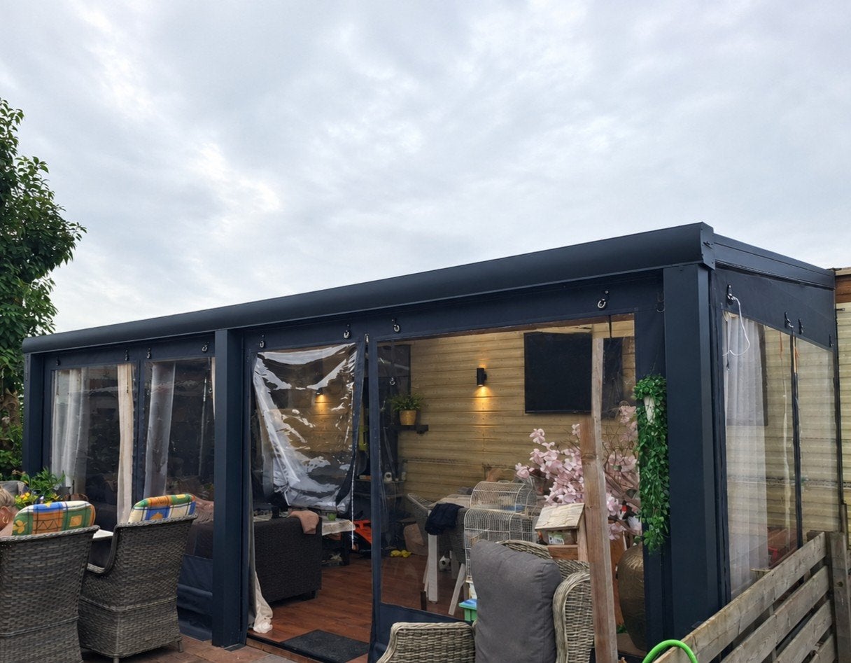 Veranda 6.50x3.50m met verlichting en rondom zeilen, Ophalen, Zo goed als nieuw, Veranda