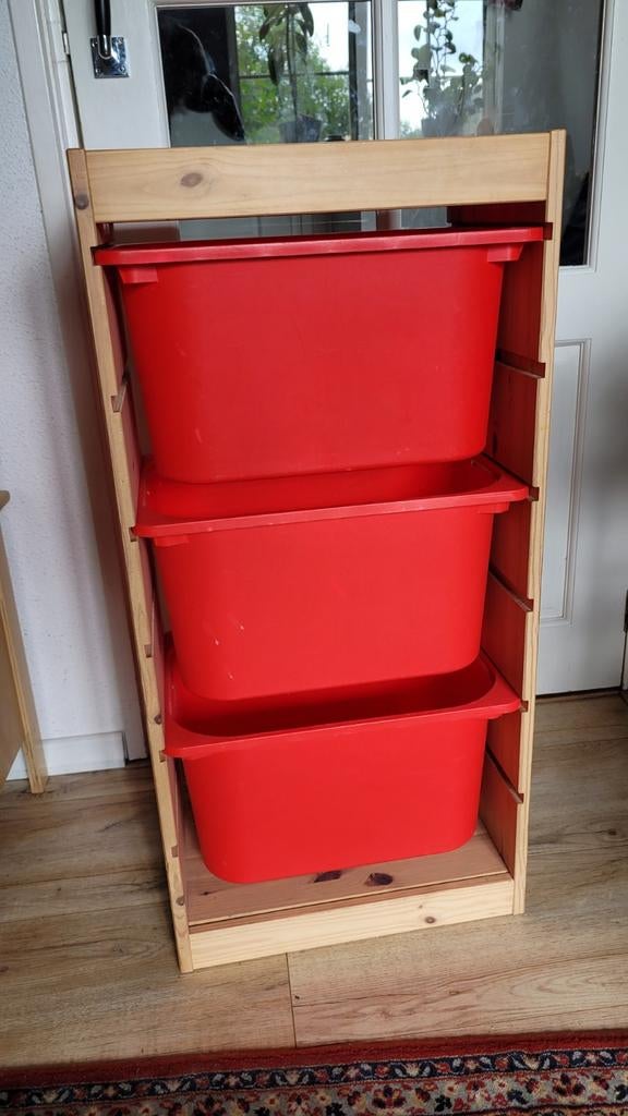 Grenen Ikea Trofast bakkenkast met 3 rode bakken, Ophalen, Gebruikt, Kast