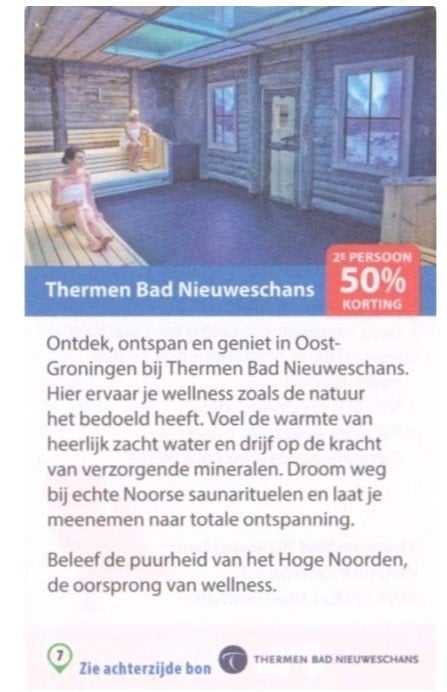 Thermen Bad Nieuweschans 2e persoon 50%, Tickets en Kaartjes, Kortingen en Cadeaubonnen, Drie personen of meer, Kortingsbon, Spa of Sauna