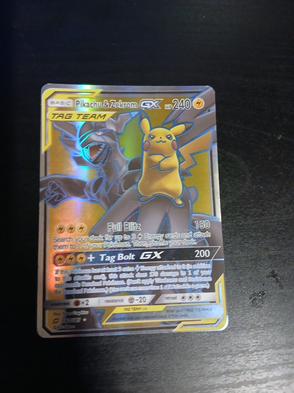 Pikachu & Zekrom GX Pokémon Kaart - Tag Team, Hobby en Vrije tijd, Ophalen of Verzenden, Zo goed als nieuw, Losse kaart, Foil