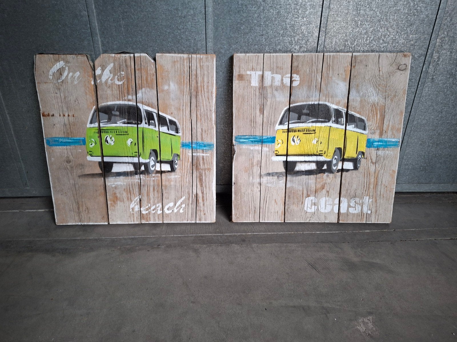 Steigerhouten vw bus schilderij set van 2, Ophalen, Schilderij, Minder dan 50 cm