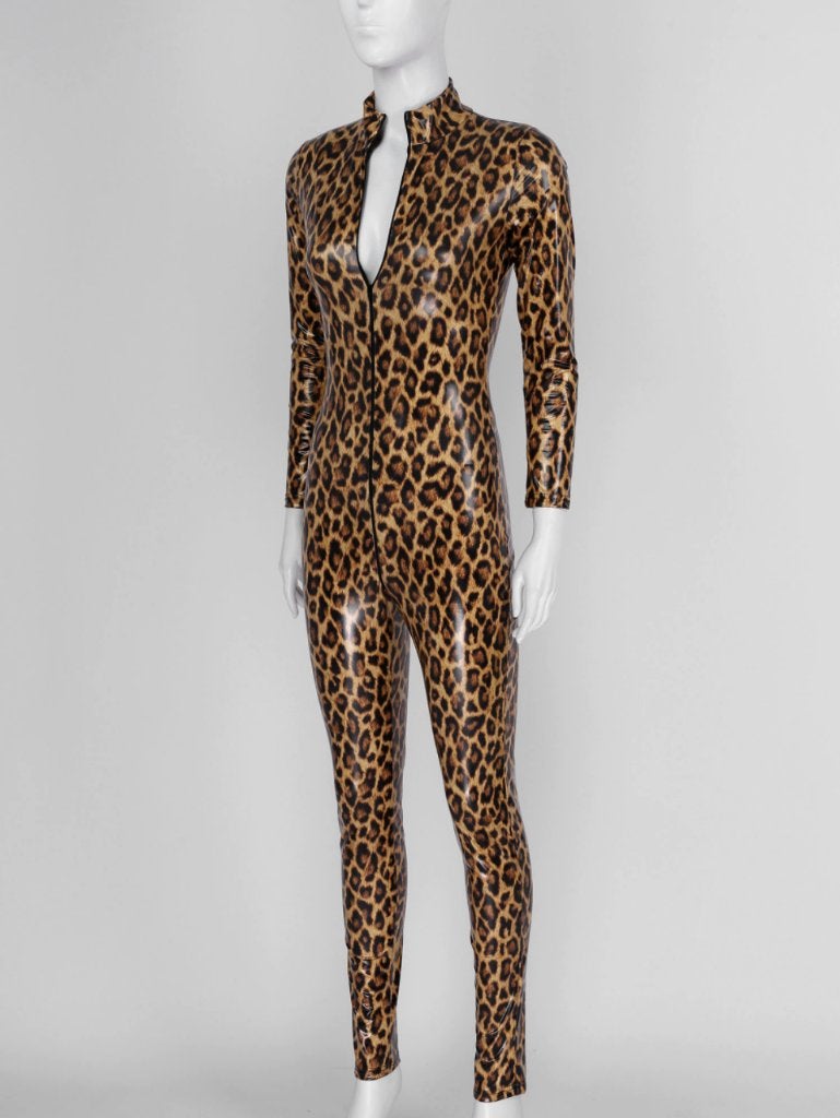 Luipaard dames catsuit jumpsuit wetlook kunst leren bodysuit, Maat 38/40 (M), Verzenden, Nieuw, Overige thema's