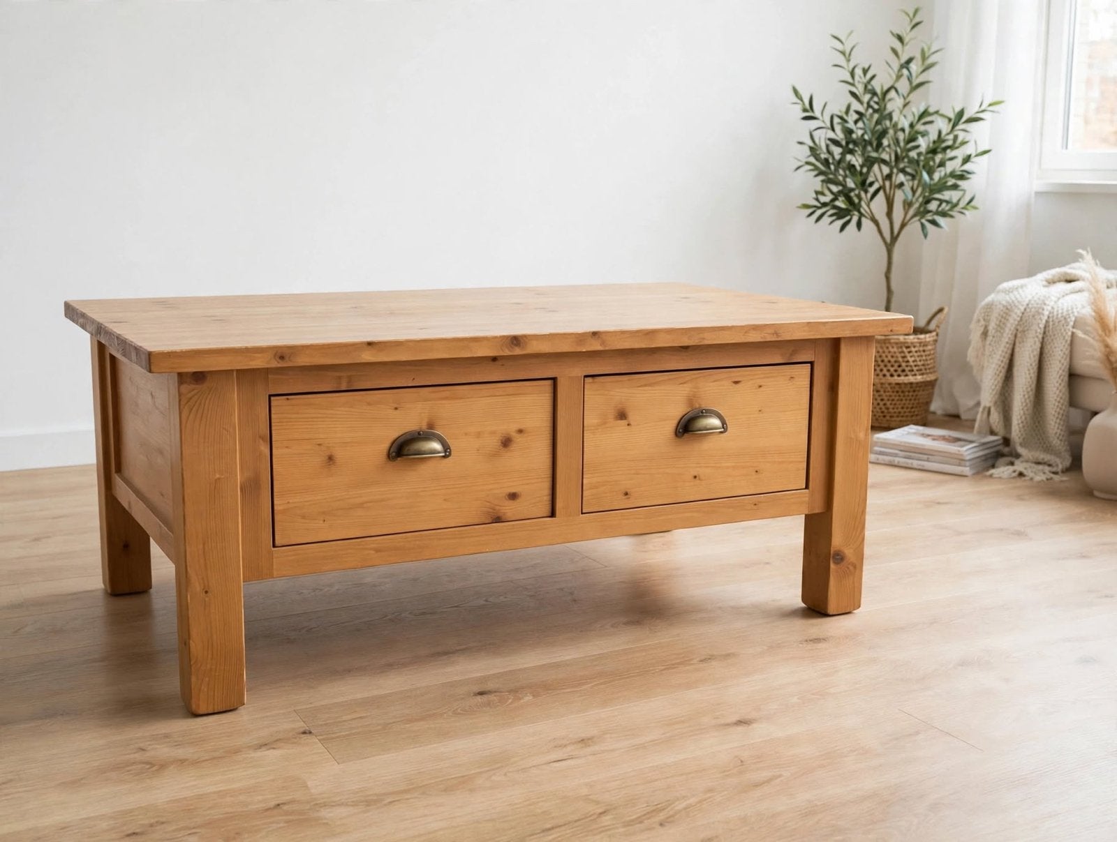 Massief Grenen Salontafel met 2 Lades - 120x70x49 cm, Ophalen, Gebruikt, 100 tot 150 cm, 50 tot 100 cm