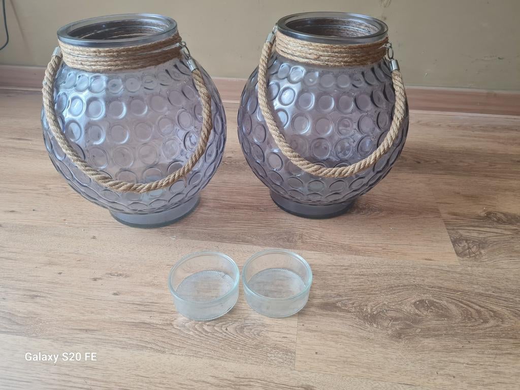2 glazen jysk windlichten met dragen touw, Overige stijlen, Ophalen of Verzenden, Zo goed als nieuw, Glas