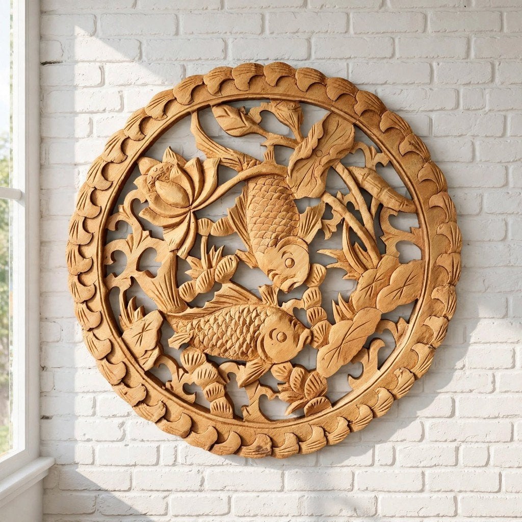 Vintage Houten Wandpaneel 27cm - Koi Karpers & Lotusbloem, Overige onderwerpen, Ophalen of Verzenden, Handgemaakt, Wanddecoratie