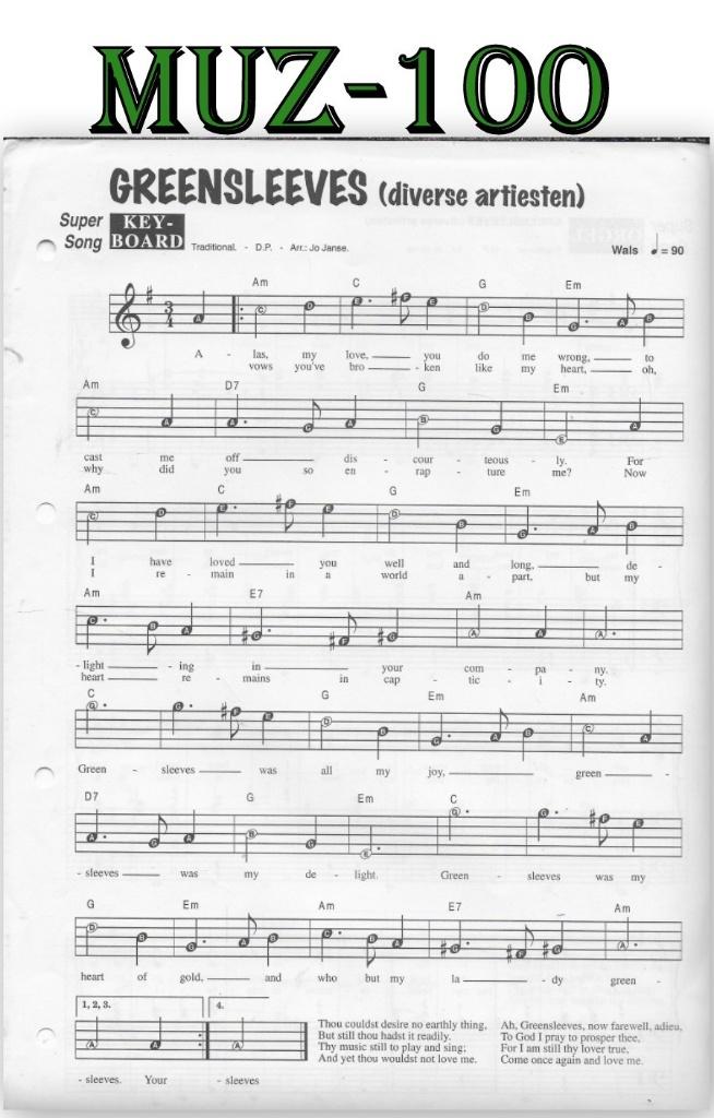 Muz100 Bladmuziek Super song: Greensleeves, Gebruikt, Ophalen of Verzenden, Keyboard, Artiest of Componist