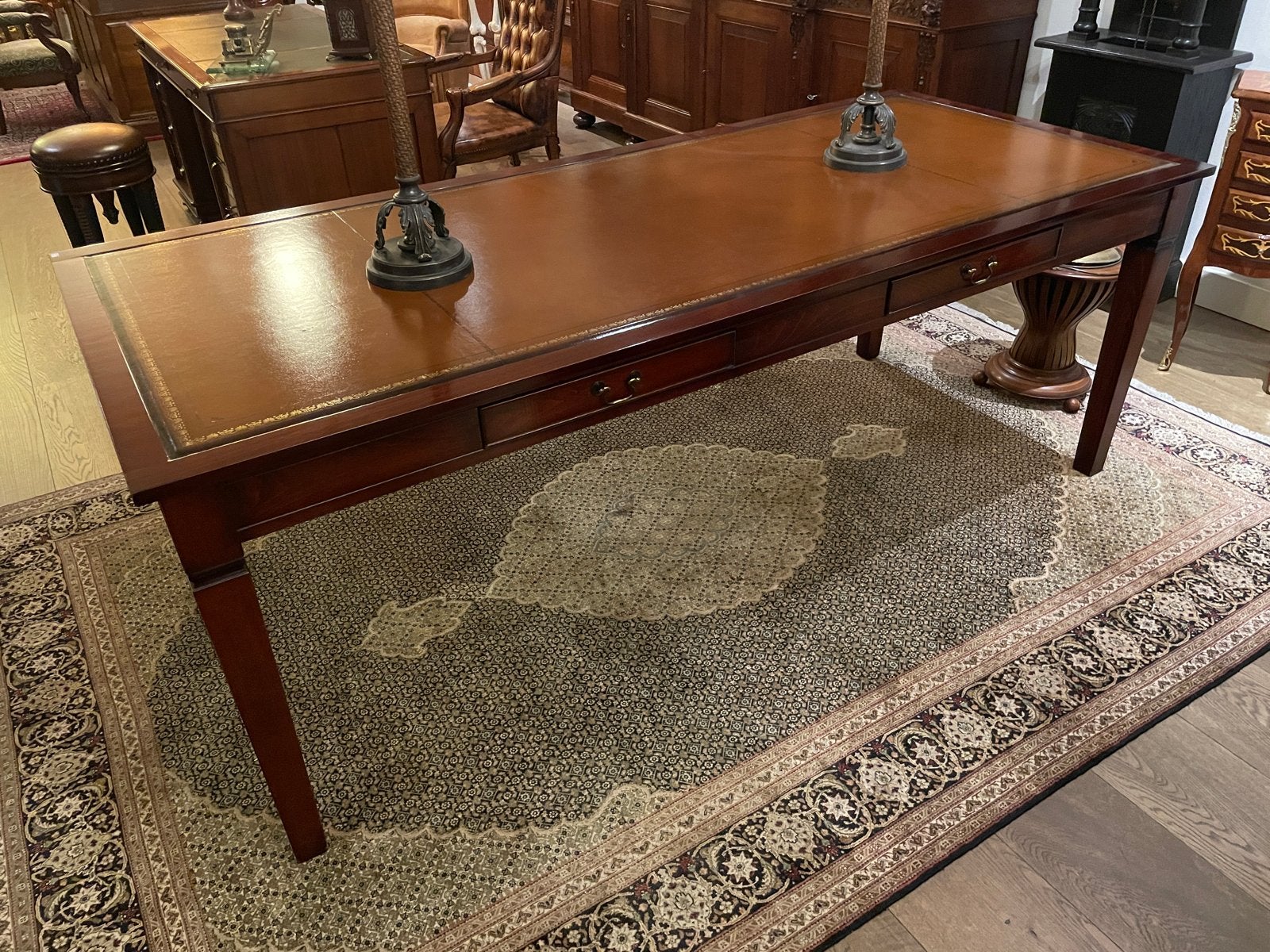 Mahonie Bibliotheek/Bureau Tafel met Bruin Leren Inleg