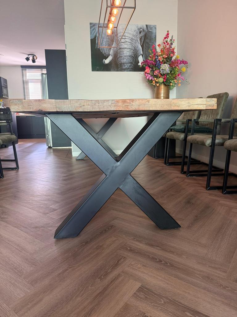 Grote houten eettafel 300x100 cm met metalen onderstel, Ophalen, 100 tot 150 cm, 200 cm of meer, Zo goed als nieuw