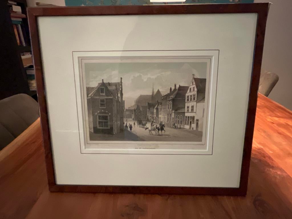 Antieke Lithografie 'De St. Pieterskerk' - Stadsgezicht, Antiek en Kunst, Ophalen, Ingelijst, 1800 - 1899, Stadsgezicht
