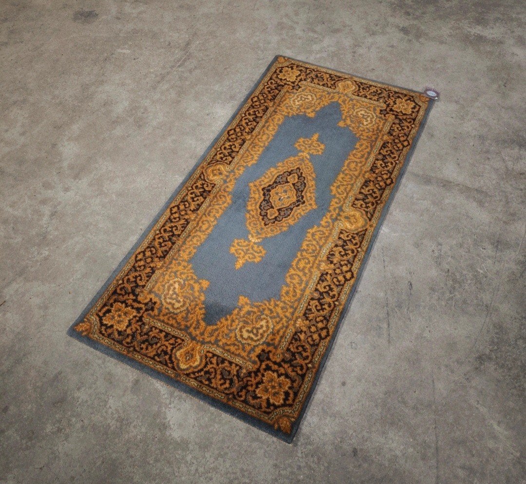 Vintage oosters wol Kirman vloerkleed blauw gold 67x137cm, 100 tot 150 cm, Klassiek, Oosters, Www.hypepopup.nl, Zo goed als nieuw