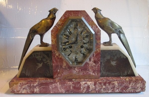 art deco marmeren klok bronzen fazanten I. Rochard, Ophalen