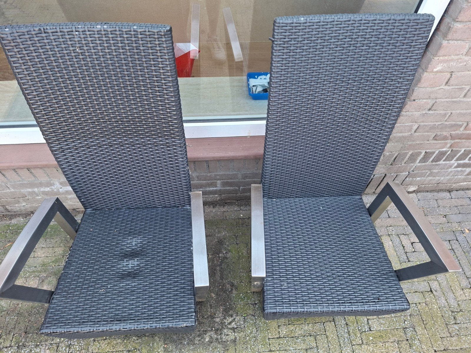4 kunstof Wicker tuinstoelen,rvs frame, Ophalen, Gebruikt, Wicker