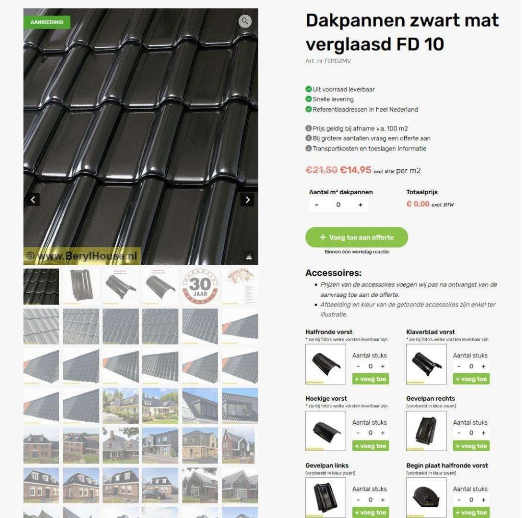 € 14,95 per m2  Gebakken dakpannen FD 10 zwart mat verglaasd, Niet ingevuld, Steen of Klei, Verzenden, Zwart