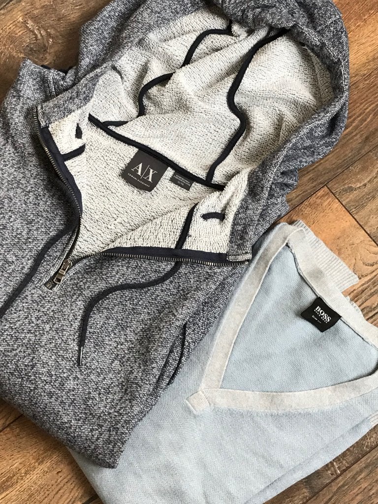 Hugo Boss Armani 2 heren truien XL blauw Wol mix met hood, Ophalen of Verzenden, Zo goed als nieuw, Maat 56/58 (XL), Blauw