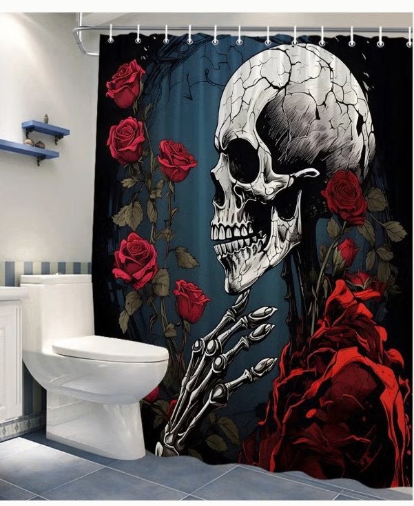 Douchegordijn Gothic skelet gezicht met rozen (180x200cm), Ophalen of Verzenden, Nieuw