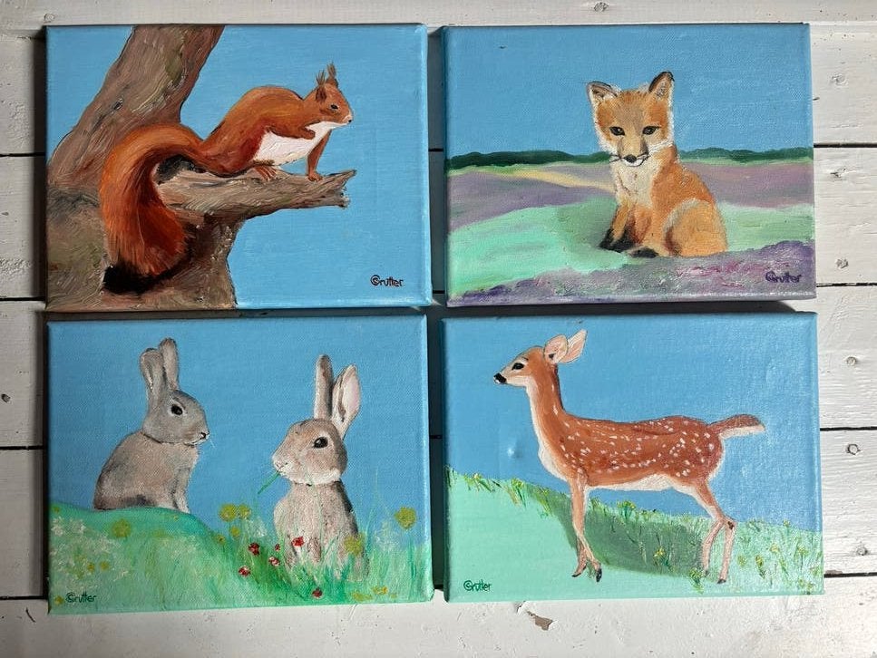 Set van 4 handgeschilderde dieren schilderijen, Doek, Realistisch, Dieren, Ophalen of Verzenden