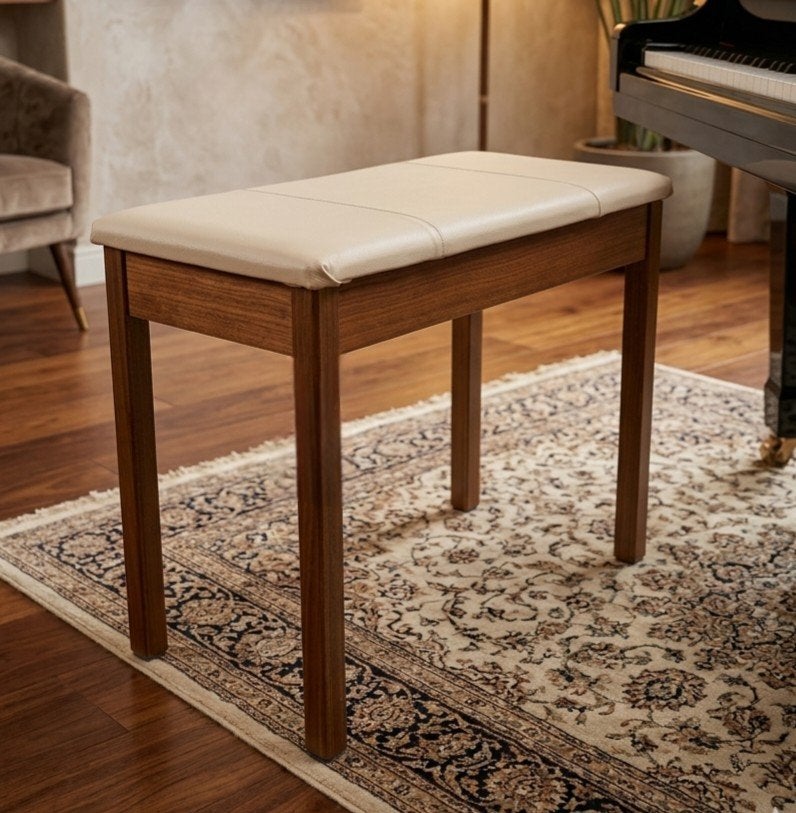 Stijlvolle pianobank / poef van hout met crème leren zitting, Ophalen of Verzenden, Nieuw, Hout