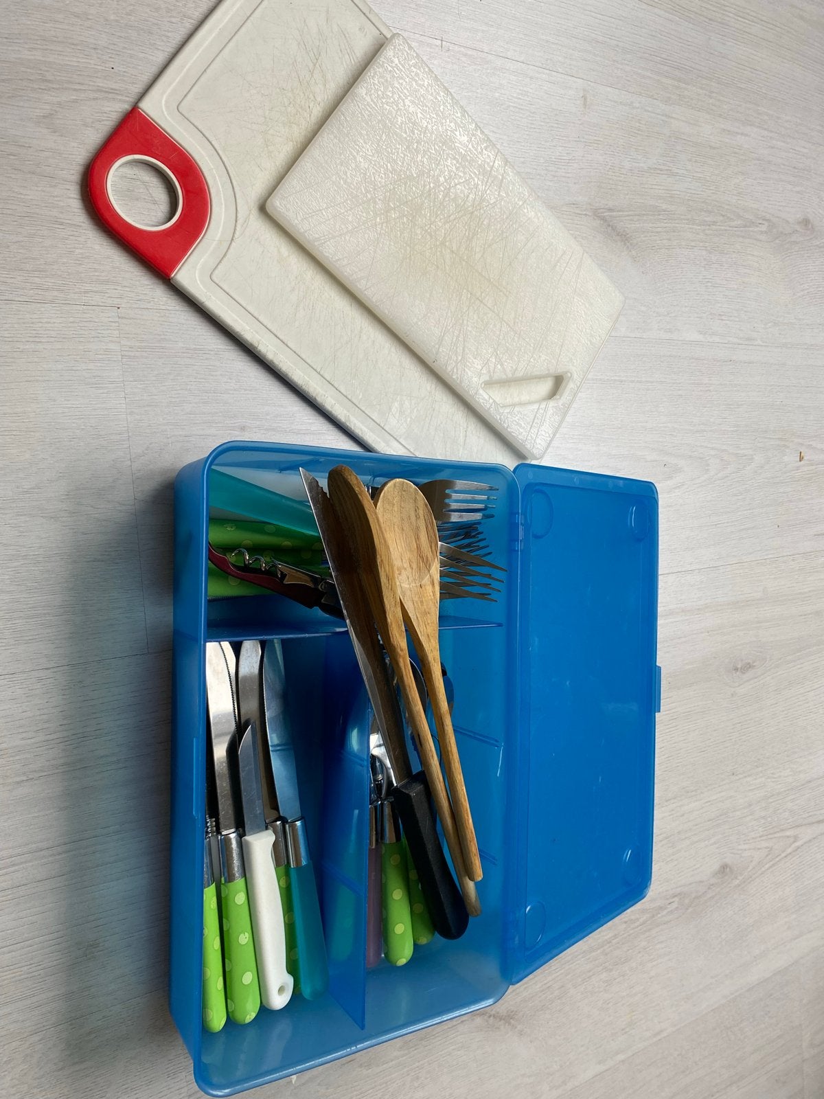 Complete bestekset met snijplanken en opbergbox, Ophalen of Verzenden, Gebruikt