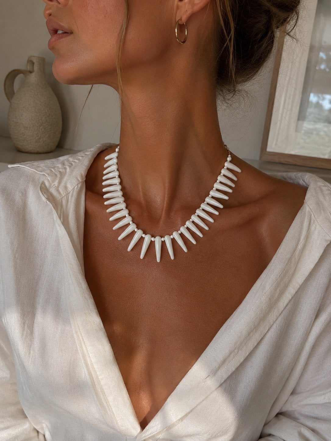 Vintage witte statement ketting | tooth / spike kralen, Ophalen of Verzenden, Zo goed als nieuw, Wit, Kunststof