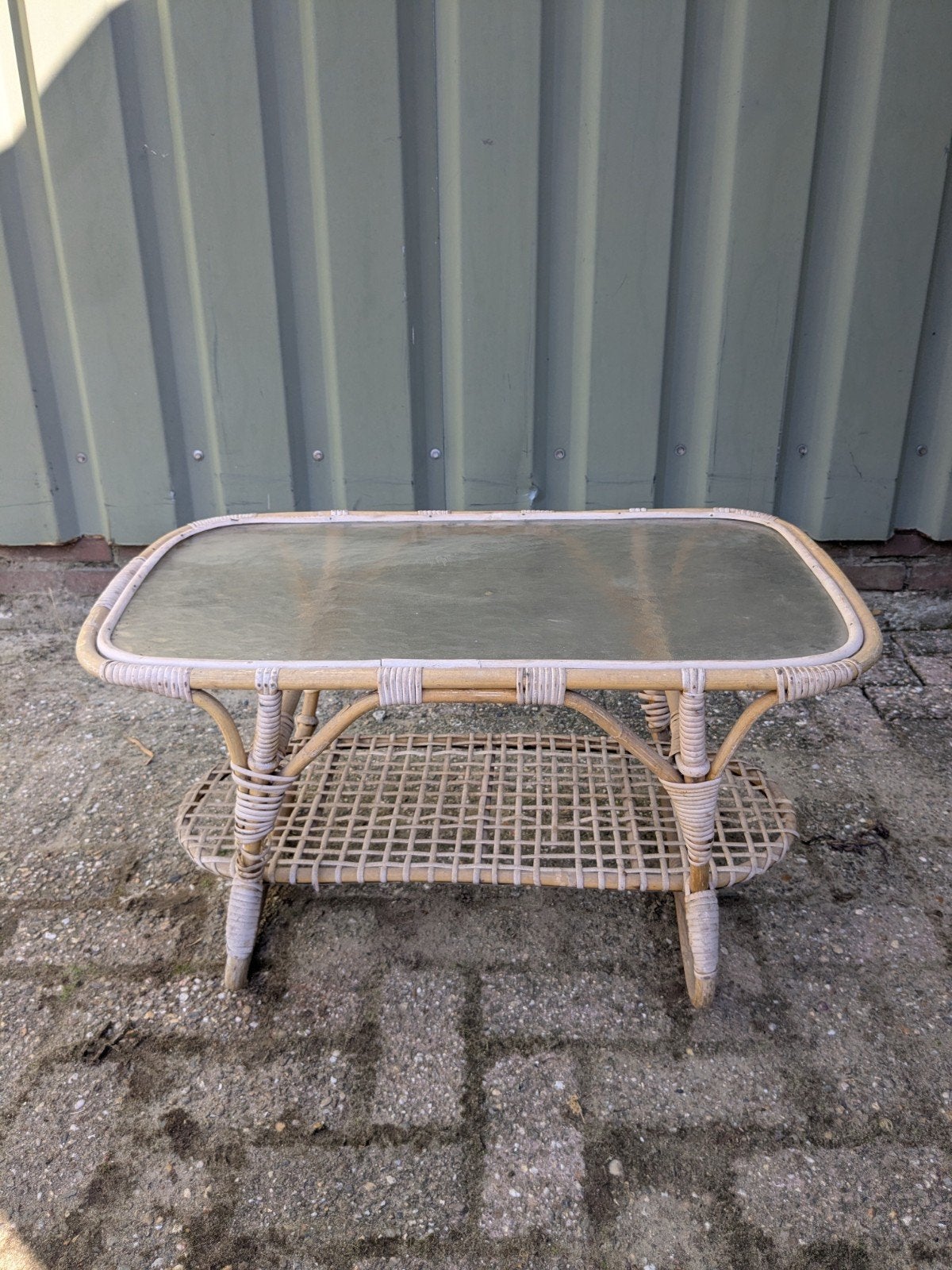 Vintage rotan salontafel met glasplaat, Ophalen, Minder dan 50 cm, Gebruikt, Onbekend