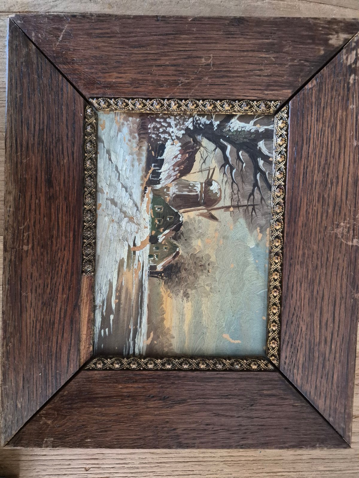 Oud schilderij 25x30cm met winterlandschap in lijst, Ophalen of Verzenden