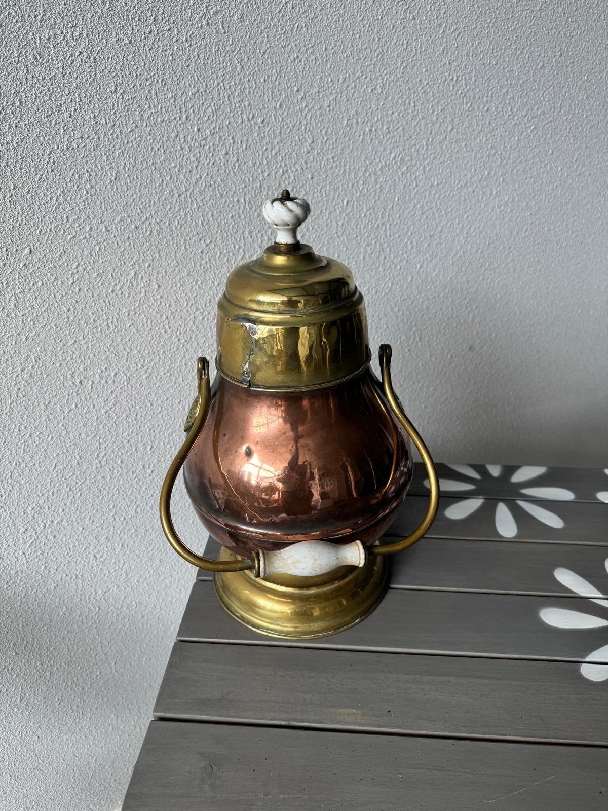 Antieke Koperen Doofpot met Porseleinen Handvat - Ca. 1900, Antiek en Kunst, Antiek | Koper en Brons, Koper, Ophalen of Verzenden